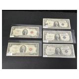 2 Red Seal $2 Bills, 3 Blue Seal $1 Bills.