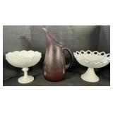 Blown Glass Pitcher, Milk Glass Compote.