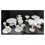 Milk Glass Pitchers, Candle Holders, Bowls.