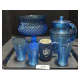 Blue Glass Punch Bowl, Pitcher, & Glasses.