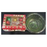 Uranium Glass Bowl & Christmas Ornaments.