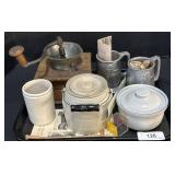 Coffee Grinder, Stoneware Crock, Pewter Mugs.