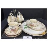 Floral Teacups, Plates, Teacup Holder.