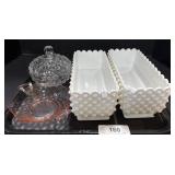 Milk Glass Planters. Pink Depression Glass Bowl.