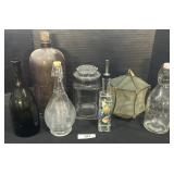 Green Blown Glass & Dairy Bottle, Slag Glass Shade