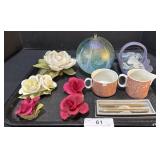 Ceramic Flowers, Basket W/ Seaglass, Glass Orb.