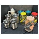 Metal Canisters, Glass Snack Jars, Pitcher.