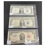 2 Blue Seal $1 Error Bills, 1 Red Seal $2 Error