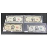3 Red Seal $2 Bills, 1 Green Seal $2 Bill.