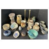 Hand Thrown & Signed Pottery, Brass Candlesticks.