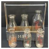 Vintage Milk Bottles & Wooden Carrying Case.
