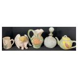 Milk Glass Decanter, Ceramic Pitcher, Teapot, Mug.