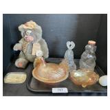 Carnival Glass Hen In A Nest, Crystal Bell, Gund.