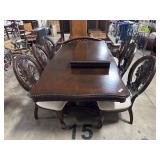 Double Pedestal Ornate Dark Wood Dining Table.