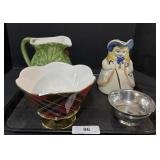Ceramic Pitchers, Pewter Bowl, Glass Bowl.