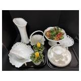 Milk Glass Bowls, Plates, Vases.;