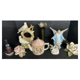 Porcelain Flowers E&B, Crystal Bell, Figurines.