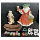 Christmas Figurines, Napkin Rings, Basket.