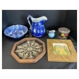 Spongeware Pitcher & Basin, Toleware, Painting.