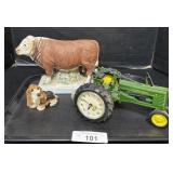 John Deere Clock, Bull Decanter, Dog Figure.