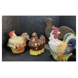 3 Rooster Cookie Jars & Wooden Statue.