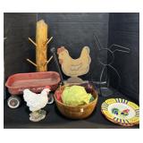 Mini Radio Flyer, Rooster Plates, Faux Vegetables.