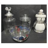 Glass Jars, Rooster Bowl, Penguin Jar.