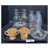 Milk Bottles, Carnival Glass Sugar & Creamer.