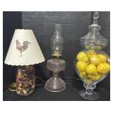 Rooster Lamp, Oil Lamp, & Glass Jar.