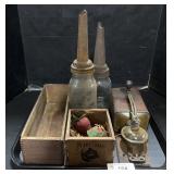 Vintage Wooden Boxes & Motor Oil Bottles.
