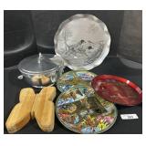 Serving Trays, Aluminum Dish & Butcher Block.