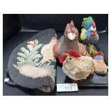 Rooster Statues & Small Rug.