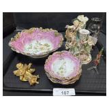 Pink Floral Plates, German Figures, Japanese Vase.