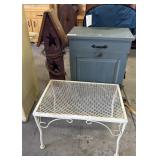 Steel Patio Table, Rustic Pine Waste Bin Cabinet,