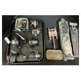 Vintage Fishing Reels, Saw, Tree Stand Umbrella.