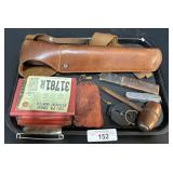 Brown Leather Holster, Hunting Licenses, Compass.