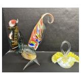 Art Glass Rooster & Yellow Glass Basket.