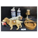 Ceramic Hunting Dogs, Beer Steins, Brass Lamp.