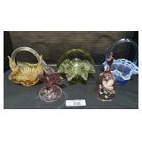 3 Art Glass Baskets, Hand Painted Pink Glass Bell