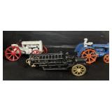 Cast Iron Fire Truck & 2 Cast Iron Tractors.