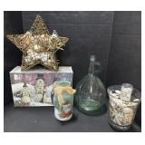 Seashells, Glass Bottle, Snowman Figures.