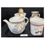 Ceramic Teapot, Vase, Wooden Angel.