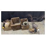 Wooden Adv. Crates, Chalkware Dog, Wire Chicken.
