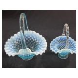 Blue Opalescent Hobnail Handled Baskets, Fenton.