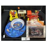 Vintage Toys, Superman Plate, Harley Davidson Tin.