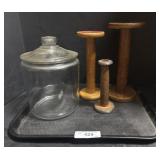 3 Primitive Wooden Spools and Glass Candy Jar.