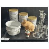 Ceramic Canisters, EAPG Glass Candle Holders.