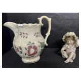 Vintage Floral Pitcher & Bisque Porcelain Child.