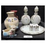 Milk Glass Decanters, Plate, Ceramic Vases.