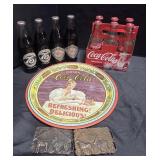 Vintage Coke Bottles, Belt Buckles & Tray.